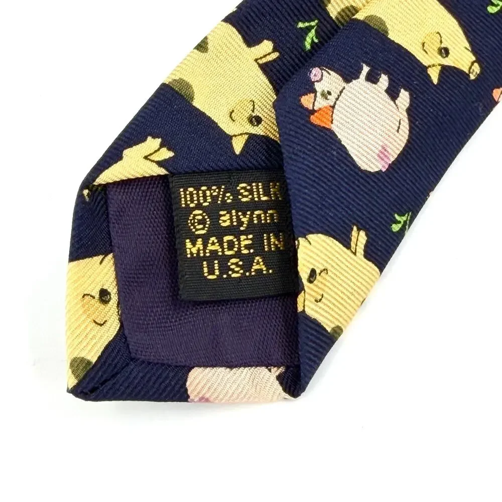 Vintage 90s Alynn Neckwear Navy Silk Oink Pig Novelty Necktie